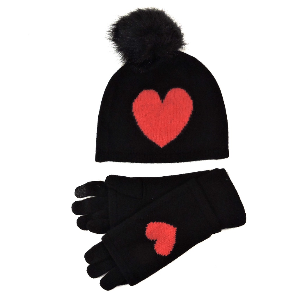 Hannah Rose Women's Black Cashmere Hat & Text Glove Winter Set